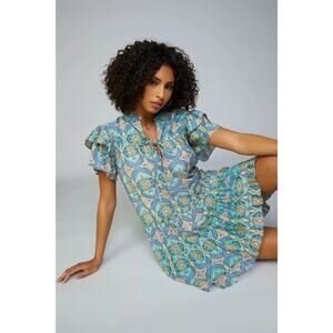 Current Air Geometric Tile Motif Flutter Sleeve Floral Print Mini Dress Medium